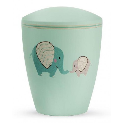 Biodegradable Cremation Ashes Urn (Infant / Child / Boy / Girl) – Mint Green with Illustrated Elephants